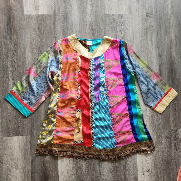 Belma New York Tops - Belma New York Silky Colorblocked‎ Mixed Pattern Tunic Top One Size